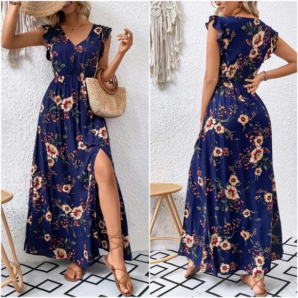 Boho Floral Print Butterly Sleeve Maxi Dress Cottagecore - Picture 2 of 9